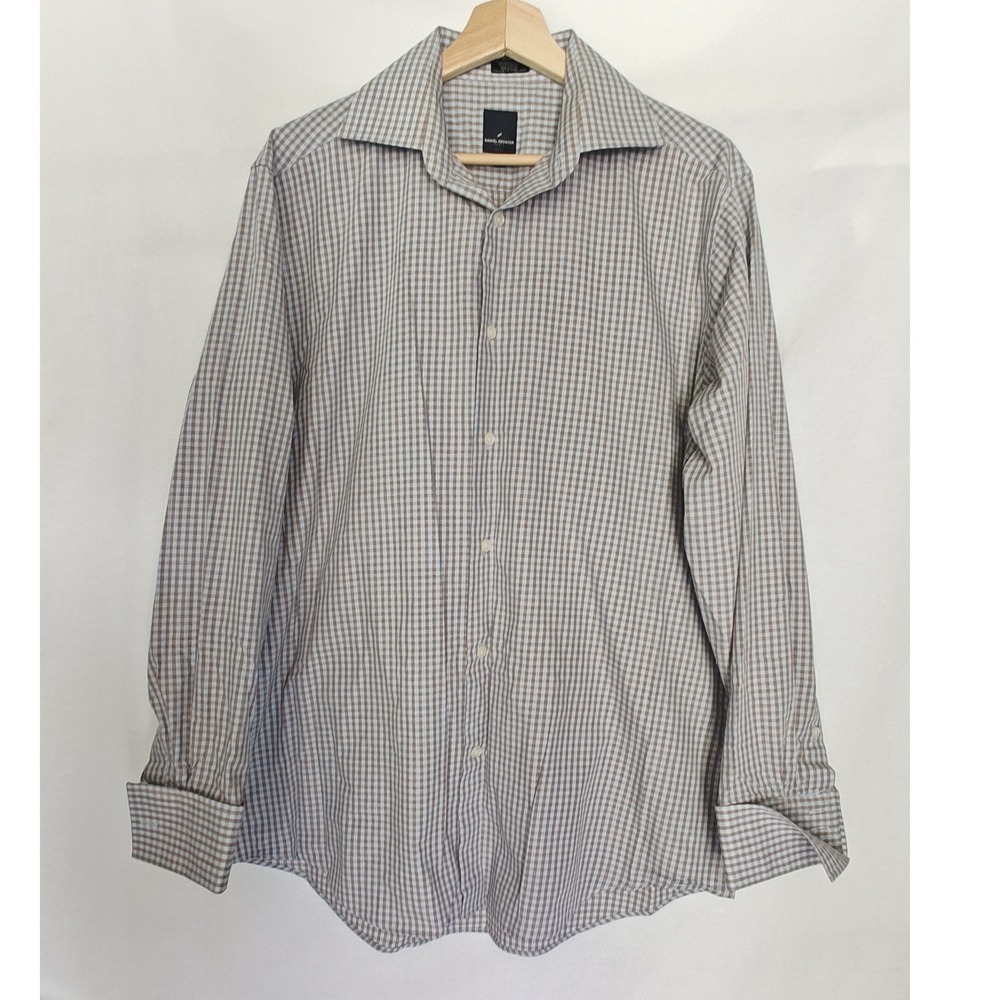 Daniel‎ Hechter Paris Shirt Button Front French Cuff Blue Tan Gingham Check 16